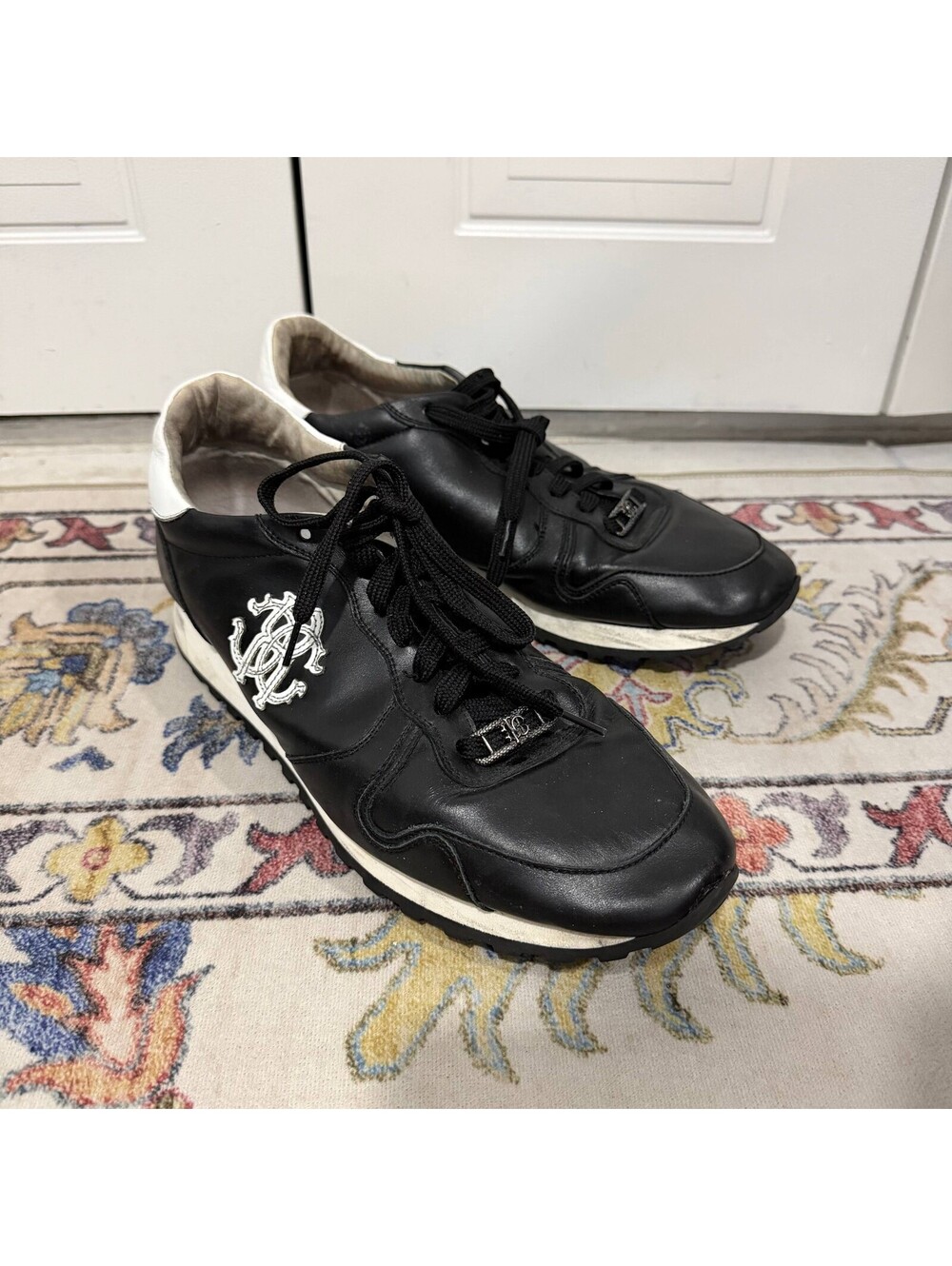 Roberto Cavalli Black Leather RC Logo Men's Sneakers Y2K Style 12" Outsole